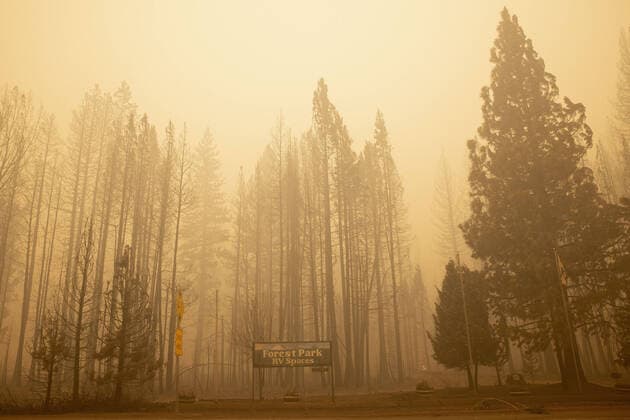 IMAGO Nature: Unsere Erde, Klimawandel, Waldbrände News Bilder des Tages An untouched Forest Park RV Spaces sign, stand against the charred remains of trees along Hwy 89 outside of Greenville, California on Friday August 6, 2021.  SFP20210806033 PETERxDASILVA