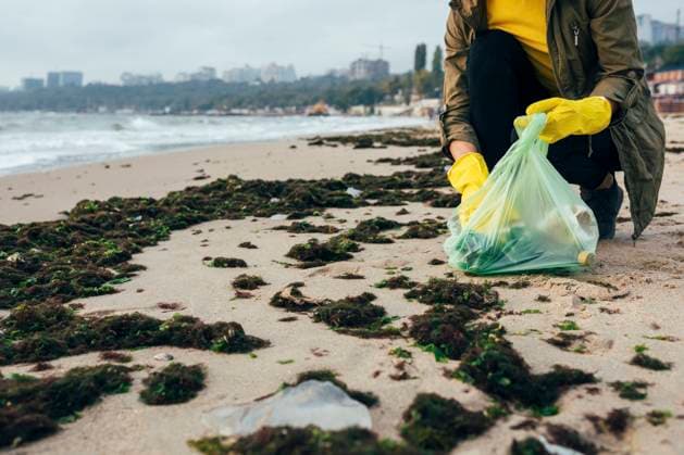 IMAGO Nature: Unsere Erde, Umweltverträgliche Herausforderungen, Plastikmüll Environmentalist collecting garbage in garbage bag while crouching at beach model released Symbolfoto OYF00247