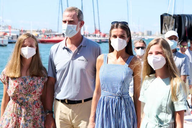07-08-2021 Reception Princess Leonor and Princess Sofia and Queen Letizia and King Felipe attend the reception and tribute for Joan Cardona after competing at the Tokyo 2020 Olympic games by winning the bronze medal in the Finn class at Real Clun Nautico on Palma de Mallorca. No Spain Â  Copyright: xPPEx