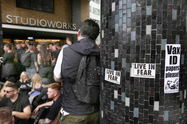 August 9, 2021, London, United Kingdom: Stickers supporting the protesters cause are seen outside Studioworks during the demonstration..Protesters gathered outside Studioworks to show their dismay against the BBC media bias, covid restrictions, vaccine passports and the loss of freedom under the Coronavirus Act. They intend to block Studioworks in Wood Lane until the government listen to their concerns. London United Kingdom - ZUMAs197 20210809_zaa_s197_041 Copyright: xMartinxPopex