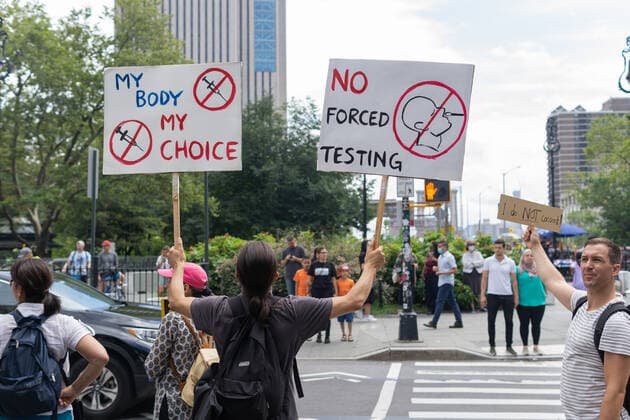 NYC: The People s Medical Freedom Rally A large group of people rallied outside City Hall protesting the new mask and vaccine mandate. Many feel their constitutional rights are being violated and they should have the right to choose. New York City New York United States Copyright: StevexSanchez