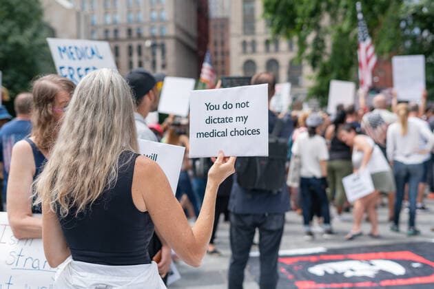NYC: The People s Medical Freedom Rally A large group of people rallied outside City Hall protesting the new mask and vaccine mandate. Many feel their constitutional rights are being violated and they should have the right to choose. New York City New York United States Copyright: StevexSanchez