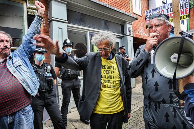 August 10, 2021, Norwich, United Kingdom: Piers Corbyn and Jeff Wyatt take part during the demonstration..Anti vax-passport protesters visit Norwich to highlight the discrimination they believe is taking place at The Murderers pub. The landlord Phil Cutter has introduced a new no jab, no entry rule that he says protects both his staff and customers. Norwich United Kingdom - ZUMAs197 20210810_zaa_s197_289 Copyright: xMartinxPopex