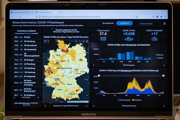 Coronavirus in Deutschland - Covid-19-Dashboard des Robert Koch-Institut 12.08.2021: Robert Koch-Institut: 7-Tage-Inzidenz 27,6. 7-Tage-Fallzahl 22.956. COVID-19-Fälle 3.805.063. Zugang um 5.638 dem Vortag. COVID-19-Todesfälle 91.834. Zugang um 17 gegenüber dem Vortag.