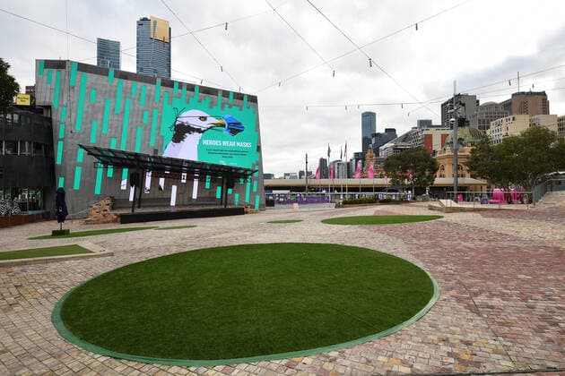 VICTORIA CORONAVIRUS COVID19, An empty Federation Square is seen in Melbourne, Thursday, August 12, 2021. Melbourne s lockdown will be extended by a week after Victoria recorded 20 new locally acquired coronavirus cases, five of which are under investigation. ( NO ARCHIVING, EDITORIAL USE ONLY, NO USE IN BOOKS WITHOUT CONSENT MELBOURNE VIC AUSTRALIA  Copyright: xJAMESxROSSx 20210812001566374226