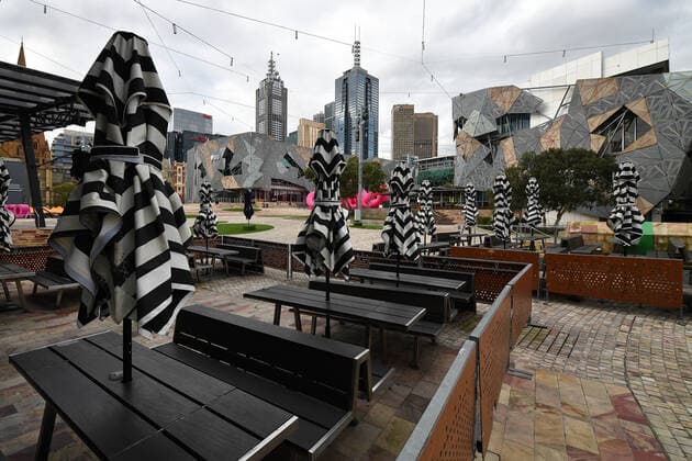 VICTORIA CORONAVIRUS COVID19, Empty tables are seen at a closed restaurant in Federation Square, Melbourne, Thursday, August 12, 2021. Melbourne s lockdown will be extended by a week after Victoria recorded 20 new locally acquired coronavirus cases, five of which are under investigation. ( NO ARCHIVING, EDITORIAL USE ONLY, NO USE IN BOOKS WITHOUT CONSENT MELBOURNE VIC AUSTRALIA  Copyright: xJAMESxROSSx 20210812001566374365