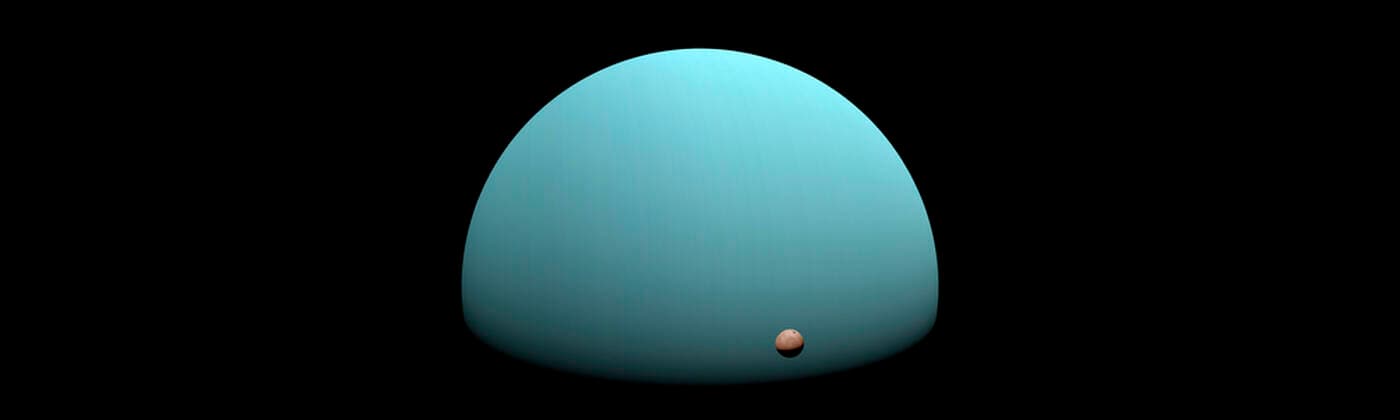 IMAGO Creative: Planeten im Sonnensystem Uranus - Symbolbilder Ice giant Uranus in space with moons concept panoramic 4050_rf_23_fi_img_0381
