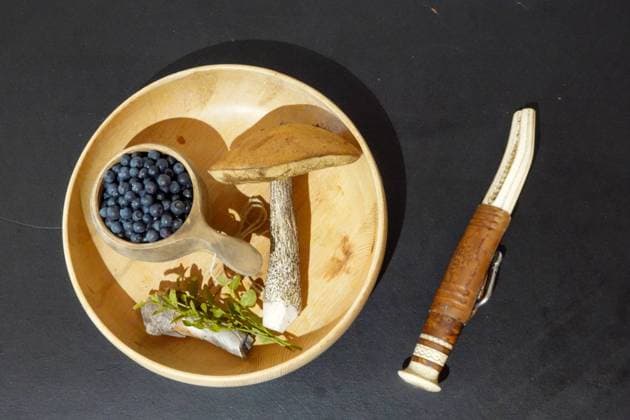 Skandinavische Tradition In einem Holzteller steht eine mit Blaubeeren (Vaccinium myrtillus) gefüllte finnische Holztasse (Kuksa) neben einem Birkenpilz (Leccinum scabrum) und Blaubeerzweigen. Daneben liegt ein samisches Hochzeitmesser. Rovaniemi Lappland Finnland *** Scandinavian tradition In a wooden plate stands a Finnish wooden cup Kuksa filled with blueberries Vaccinium myrtillus next to a birch mushroom Leccinum scabrum and blueberry branches Next to it lies a Sami wedding knife Rovaniemi Lapland Finland