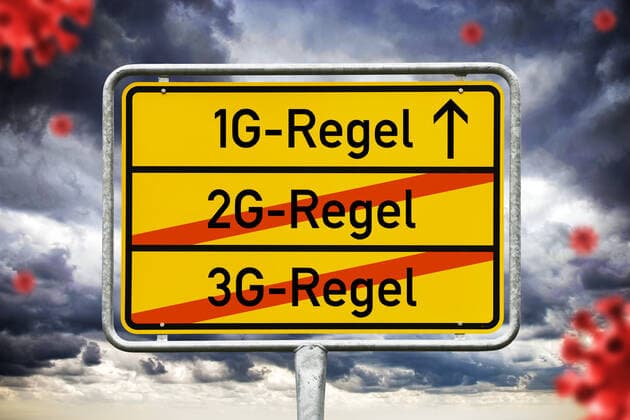 FOTOMONTAGE, Schild mit der Aufschrift 1G-Regel, 2G-Regel und 3G-Regel