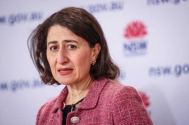 GLADYS BEREJIKLIAN COVID19 PRESSER, NSW Premier Gladys Berejiklian reacts as she speaks during a press conference in Sydney, Sunday, August 15, 2021. NSW recorded 415 new locally acquired cases of COVID-19 with at least 66 infectious while in the community, as the entire state continues in lockdown. ( NO ARCHIVING, EDITORIAL USE ONLY, NO USE IN BOOKS WITHOUT CONSENT SYDNEY NSW AUSTRALIA  Copyright: xDAVIDxGRAYx 20210815001567013277