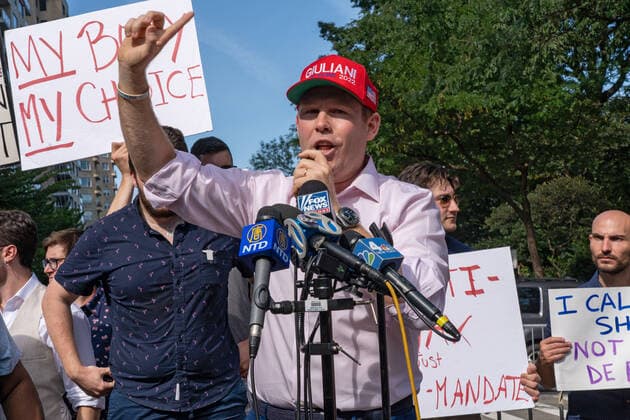 August 15, 2021, New York, United States: New York Governor candidate Andrew Giuliani speaks at a Republicans Rally against COVID vaccine mandates outside Gracie Mansion in New York City..NYC vaccine mandate starts Monday, August 16th; Proof of coronavirus (COVID-19) vaccination will be required to attend indoor restaurants, gyms, and entertainment venues with enforcement of the mandate to begin on September 13th. New York United States - ZUMAs197 20210815_zaa_s197_195 Copyright: xRonxAdarx