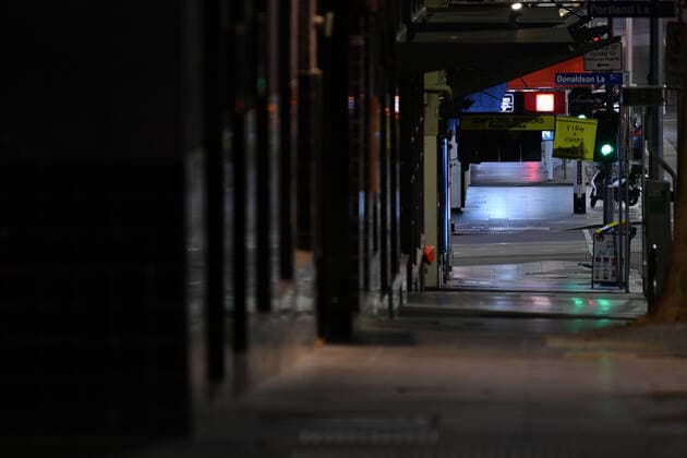 VICTORIA CORONAVIRUS COVID19, An empty street scene is seen in Melbourne, Monday, August 16, 2021. Victorian Premier Daniel Andrews today announced a night curfew which came into effect at 11.59pm on Monday. ( NO ARCHIVING, EDITORIAL USE ONLY, NO USE IN BOOKS WITHOUT CONSENT MELBOURNE VIC AUSTRALIA  Copyright: xJAMESxROSSx 20210816001567369198