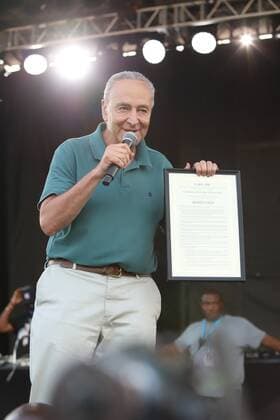 August 16, 2021, Bronx, New York, USA: US Senate Leader Chuck Schumer during hip hop concert in Orchard Beach, Bronx, New York, during NYC Homecoming Week, which runs from 14 to 22 August with more than 100 arts, culture, entertainment and community events in various parts of the city. Even at outdoor events, people must show proof of vaccination.  Copyright: xJosexFranciscox