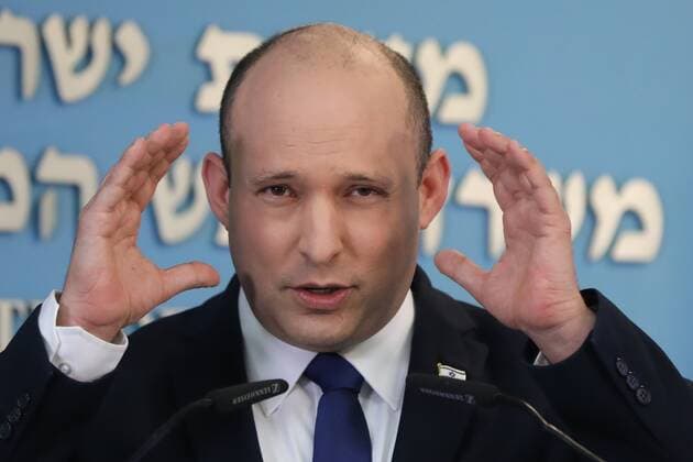 Israeli Prime Minister Naftali Bennett speaks during a media statement regarding the COVID-19 pandemic status in the country at the Prime Minister s office in Jerusalem, Israel on Wednesday, August 18, 2021. Pool Photo  JERX2021081801 stf