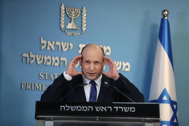 Israeli Prime Minister Naftali Bennett speaks during a media statement regarding the COVID-19 pandemic status in the country at the Prime Minister s office in Jerusalem, Israel on Wednesday, August 18, 2021. Pool Photo  JERX2021081802 stf