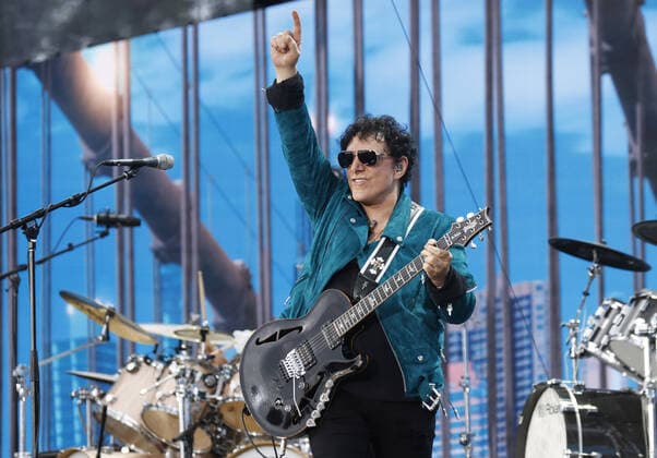 Neal Schon of Journey performs at the We Love NYC: The Homecoming Concert In Central Park in New York City on Saturday, August 21, 2021. The Event ended abruptly when thunder storms and lightning related to Hurricane Henri moved into the area.  NYP20210821119 JohnxAngelillo