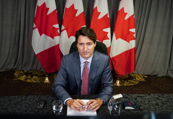 August 24, 2021, Hamilton, Ontario, Canada: Prime Minister Justin Trudeau takes part in a virtual G7 meeting on the crisis in Afghanistan from Hamilton, Ont., on Tuesday, Aug 24, 2021. Hamilton Canada  - ZUMAc35_ 20210824_zaf_c35_008 Copyright: xSeanxKilpatrickx