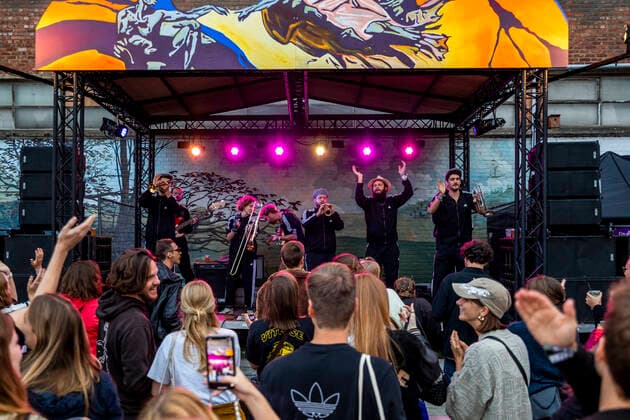 The band Borokov performs during the first day of the first edition of Gate, the alternative to Couleur Cafe music festival in Brussels, Thursday 26 August 2021. Just over 1,500 people with a Covid Safe Ticket can be present at the CityGate site in Anderlecht every day. The two weekend Gate festival will take place from August 26 to 29 and September 2 to 5.  HATIMxKAGHAT 3073647
