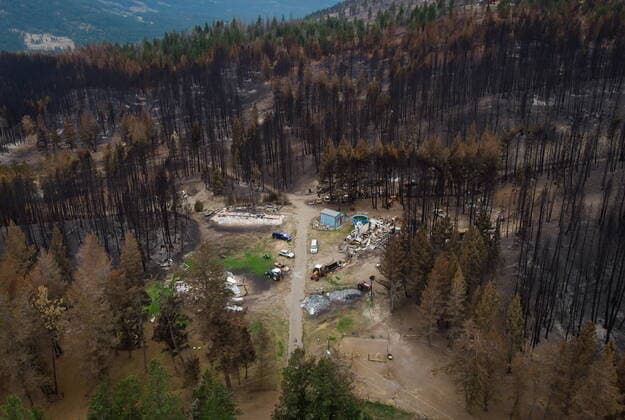 August 26, 2021, MONTE LAKE, BC, Canada: Burnt trees and a property with structures that were destroyed by the White Rock Lake wildfire earlier this month are seen, in Monte Lake, B.C., on Thursday, August 26, 2021. MONTE LAKE Canada  - ZUMAc35_ 20210826_zaf_c35_039 Copyright: xDarrylxDyckx