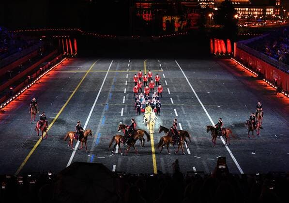 Russia Military Music Festival Rehearsal 6634093 26.08.2021 Members of the Kremlin Equestrian School perform during a rehearsal for the Spasskaya Tower International Military Music Festival in Red Square in Moscow, Russia. Vladimir Pesnya Sputnik Moscow Russia  Copyright: xVladimirxPesnyax