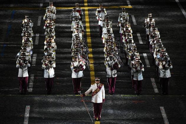 Russia Military Music Festival Rehearsal 6634272 26.08.2021 Members of the Qatar Military Music Band perform during a rehearsal for the Spasskaya Tower International Military Music Festival in Red Square in Moscow, Russia. Vladimir Pesnya Sputnik Moscow Russia  Copyright: xVladimirxPesnyax