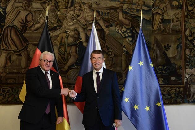 Czech Prime Minister Andrej Babis, right, met German President Frank-Walter Steinmeier, left, in Prague, Czech Republic, on August 27, 2021, within Steinmeier s visit of the Czech Republic. (CTKxPhoto RomanxVondrous) CTKPhotoP2021082702265  vnd