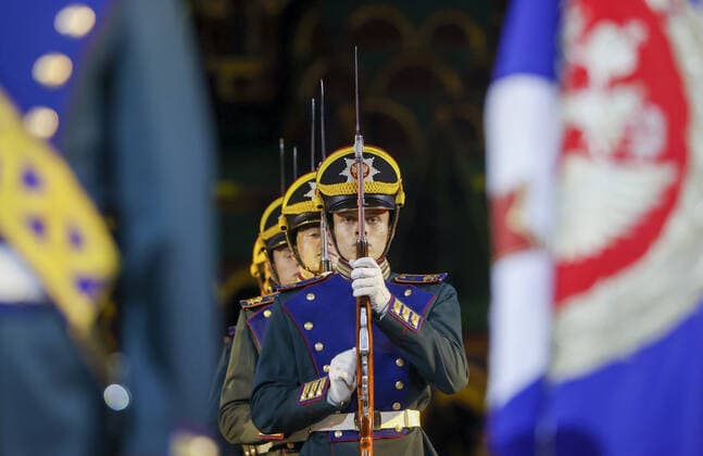 MOSCOW, RUSSIA â€“ AUGUST 27, 2021: Honour guard at the opening of the 2021 Spasskaya Tower International Military Music Festival in Moscow s Red Square. Vladimir Gerdo TASS  TS10E01A