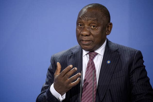 Cyril Ramaphosa, Staatspraesident der Republik Suedafrika, aufgenommen im Rahmen einer gemeinsamen Presseunterrichtung mit Bundeskanzlerin Angela_Merkel, CDU, (hier nicht im Bild) und Felix_Tshisekedi, Vorsitzender der Afrikanischen Union, (hier nicht im Bild) im Bundeskanzleramt in Berlin, 27.08.2021. Berlin Deutschland