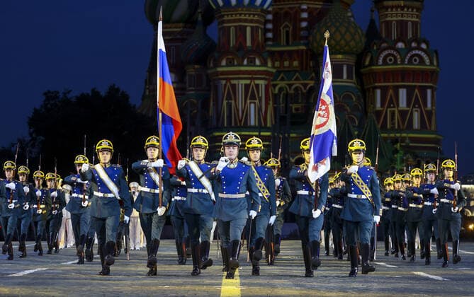 MOSCOW, RUSSIA â€“ AUGUST 27, 2021: Honour Guard of the Russian Presidential Regiment perform at the opening of the 2021 Spasskaya Tower International Military Music Festival in Moscow s Red Square. Vladimir Gerdo TASS  TS10E05B