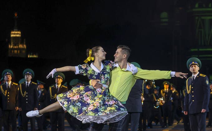 MOSCOW, RUSSIA â€“ AUGUST 27, 2021: Members of the Central Band of the FSB Border Guard Service perform at the opening of the 2021 Spasskaya Tower International Military Music Festival in Moscow s Red Square. Vladimir Gerdo TASS  TS10E062