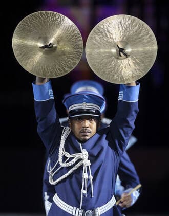 MOSCOW, RUSSIA â€“ AUGUST 27, 2021: A member of the Qatar Police Band performs at the opening of the 2021 Spasskaya Tower International Military Music Festival in Moscow s Red Square. Vladimir Gerdo TASS  TS10E064