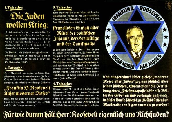 Parole der Woche A weekly Nazi propaganda poster issued between 1936 and 1943 and posted in public places, a smaller version (playing card size) was also printed. This May Day edition portrays the American president Franklin D. Roosevelt as war mongering ‘modern Moses’. Holocaust. Germany. May 1939 ! ACHTUNG: AUFNAHMEDATUM GESCHÄTZT!