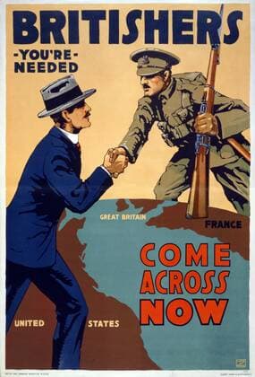 WW I poster USA World War I, American recruitment poster showing two men on a globe shaking hands across the Atlantic; a man in a suit reaches across from the United States to a soldier standing on Great Britain and France. Original title: Britishers, you re needed - Come across now. Artist: Lloyd Myers (1892 - 1955) Lithograph poster, color ; 104 x 71 cm. British and Canadian Recruiting Mission; Albert Frank & Co. N.Y. agents. New York 1917. ! ACHTUNG: AUFNAHMEDATUM GESCHÄTZT! *** Weltkriegs-Plakat USA Erster Weltkrieg, amerikanisches Rekrutierungsplakat, das zwei Männer auf einer Weltkugel zeigt, die sich über dem Atlantik die Hände schütteln, ein Mann im Anzug reicht einem Soldaten, der auf Großbritannien und Frankreich steht, die Hand.