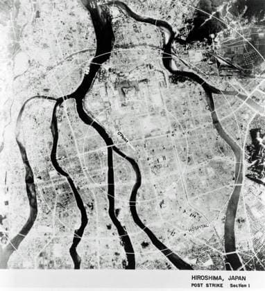 June 26, 1946 ATOMIC BOMB HIROSHIMA Aerial view of Hiroshima after the dropping of an uranium gun-type atomic bomb (Little Boy) on August 6, 1945. 26th June 1946. It was dropped off a Boeing B-29 Superfortress named Enola Gay after the mother of the pilot Colonel Paul Tibbets who had started in the Mariana Islands and returned there. The radius of total destruction was about one mile (1.6 km), with resulting fires across 4.4 square miles (11 km2) of the city. Japanese officials determined that 69% of Hiroshima s buildings were destroyed and another 6-7% damaged. 70,000-80,000 people, or some 30% of the city s population, were killed by the blast and resultant firestorm, and another 70,000 injured. Out of those killed, 20,000 were soldie