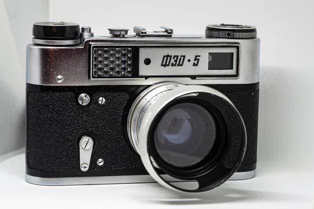 Rangefinder camera FED 5, build in the Soviet Union as a further development of a copied Leica with a Jupiter 50 mm, f 2.0 lens in Nea Artaki, on July 4, 2020. GREECE EUBOEA ARTAKI VINTAGE - CAMERA