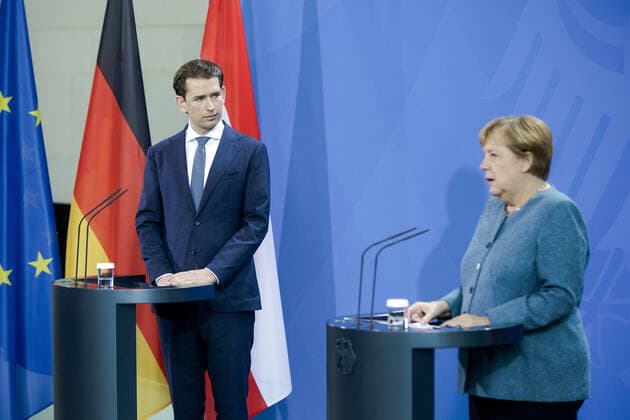 News Themen der Woche KW35 News Bilder des Tages Bundeskanzlerin Angela Merkel, CDU, (R) und Sebastian Kurz, Bundeskanzler der Republik Oesterreich, (L) aufgenommen im Rahmen einer Pressekonferenz im Bundeskanzleramt in Berlin, 31.08.2021. Berlin Deutschland *** Federal Chancellor Angela Merkel, CDU, R and Sebastian Kurz, Chancellor of the Republic of Austria, L recorded during a press conference at the Federal Chancellery in Berlin, 31 08 2021 Berlin Germany Copyright: xJaninexSchmitz photothek.dex