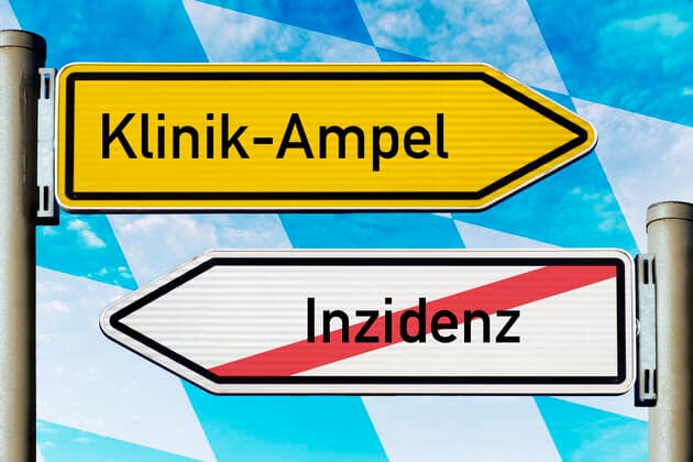 FOTOMONTAGE, Wegweiser mit Aufschrift Klinik-Ampel und durchgestrichener Aufschrift Inzidenz mit bayerischer Landesflagge