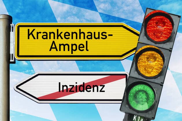 FOTOMONTAGE, Wegweiser mit Aufschrift Krankenhaus-Ampel und durchgestrichener Aufschrift Inzidenz mit Ampel und bayerischer Staatsflagge