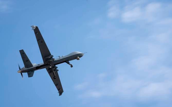 STYLELOCATIONA U.S. Air Force MQ-9 Reaper drone assigned to the 432nd Wing, takes off from the flight-line at Creech Air Force Base September 1, 2021 in Indian Springs, Nevada. Indian Springs United States of America - ZUMAp138 20210901_zaa_p138_007 Copyright: xTsgt.xEmersonxNunez UsxAirx