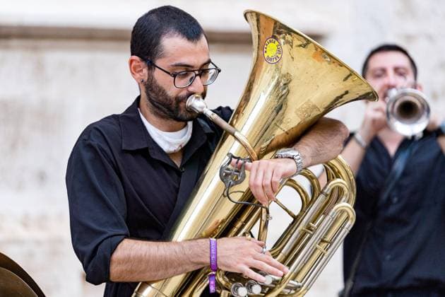 September 3, 2021, Valencia, Spain: A man in a music band plays the tuba brass musical instrument during the Fallas festival in Valencia..Las Fallas, the most famous festival in Valencia, is celebrated from September 1 to 5, with restrictions due to the COVID-19 pandemic. Valencia Spain - ZUMAs197 20210903_zaa_s197_275 Copyright: xXiscoxNavarrox