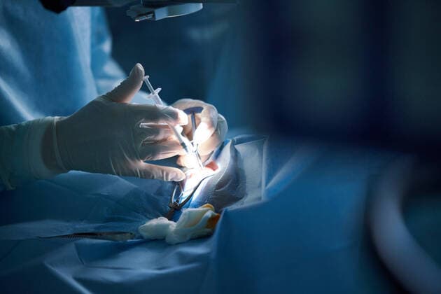 Crop unrecognizable doctor in uniform with syringe injecting medicine into body of patient during surgery in hospital, Model released SergeyMironov_Surgery_48.jpg Copyright: xSergeyxMironovx MR