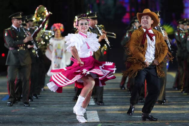 MOSCOW, RUSSIA â€“ SEPEMBER 5, 2021: Military band of the Mexican Defence Ministry performs at the closing of the 2021 Spasskaya Tower International Military Music Festival in Moscow s Red Square. Sergei Karpukhin TASS  TS10F3D0