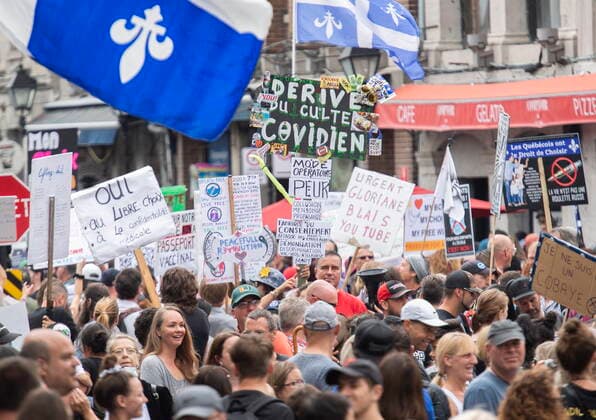 September 5, 2021, Montreal, PQ, Canada: People attend a protest against the Quebec governmentÃ¢â‚¬â ¢s measures to help curb the spread of COVID-19 in Montreal, Sunday, September 5, 2021, as the COVID-19 pandemic continues in Canada and around the world. Montreal Canada  - ZUMAc35_ 20210905_zaf_c35_038 Copyright: xGrahamxHughesx