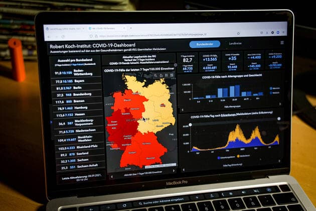 Coronavirus in Deutschland - Covid-19-Dashboard des Robert Koch-Institut 08.09.2021: Robert Koch-Institut: 7-Tage-Inzidenz 82,7. 7-Tage-Fallzahl 68.735. COVID-19-Fälle 4.030.681. Zugang um 13.565 gegenüber dem Vortag. COVID-19-Todesfälle 92.448. Zugang um 35 gegenüber dem Vortag.