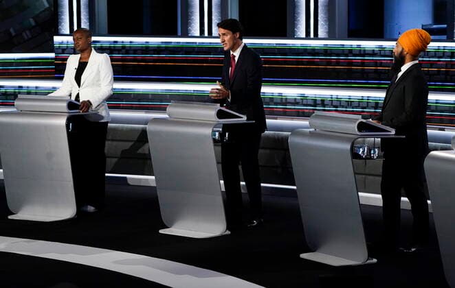 September 9, 2021, Gatineau, PQ, Canada: Green Party Leader Annamie Paul, left to right, Liberal Leader Justin Trudeau, NDP Leader Jagmeet Singh, take part in the federal election English-language Leaders debate in Gatineau, Que., on Thursday, Sept. 9, 2021. Gatineau Canada  - ZUMAc35_ 20210909_zaf_c35_057 Copyright: xAdrianxWyldx