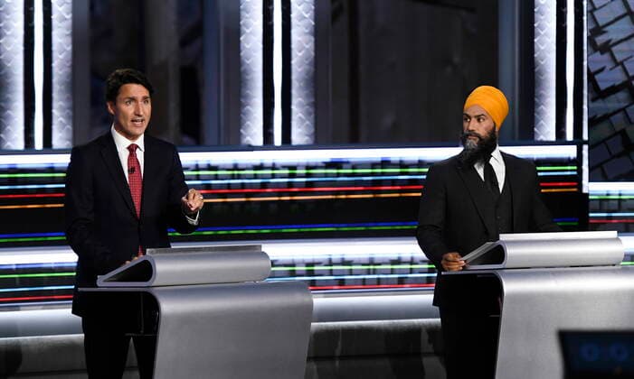 September 9, 2021, Gatineau, PQ, Canada: Liberal Leader Justin Trudeau, left, and NDP Leader Jagmeet Singh, take part in the federal election English-language Leaders debate in Gatineau, Que., on Thursday, Sept. 9, 2021. Gatineau Canada  - ZUMAc35_ 20210909_zaf_c35_063 Copyright: xJustinxTangx