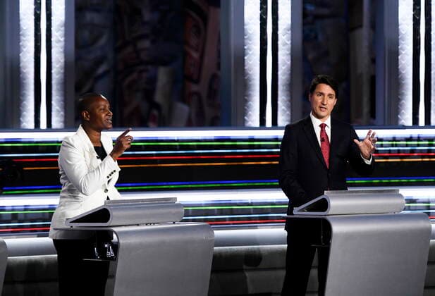 September 9, 2021, Gatineau, PQ, Canada: Green Party Leader Annamie Paul, left, and Liberal Leader Justin Trudeau, take part in the federal election English-language Leaders debate in Gatineau, Que., on Thursday, Sept. 9, 2021. Gatineau Canada  - ZUMAc35_ 20210909_zaf_c35_095 Copyright: xJustinxTangx