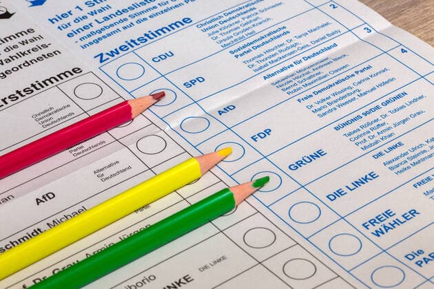 Symbolbild Ampelkoalition: Stimmzettel für die Bundestagswahl am 26. September 2021 mit rotem, gelben und grünen Bleistift