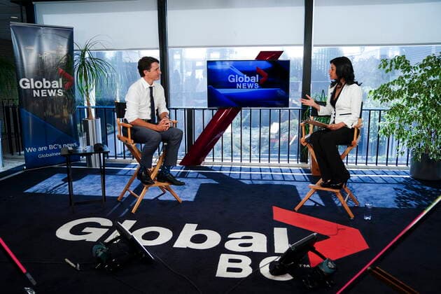 September 13, 2021, Burnaby, B.C, Canada: Liberal leader Justin Trudeau takes part in an interview with Global reporter Neetu Garcha in Burnaby, B.C., on Monday, Sept. 13, 2021. The interview was originally set to take part outside but had to be moved inside due to a lone protester heckling Trudeau. Burnaby Canada  - ZUMAc35_ 20210913_zaf_c35_073 Copyright: xSeanxKilpatrickx