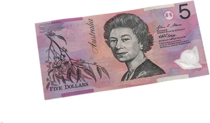 Geldschein 5 Australische Dollar, Vorderseite mit Queen Elisabeth II, Australien 5 Australien dollar bill with Queen Elisabeth II, Australia BLWS651934